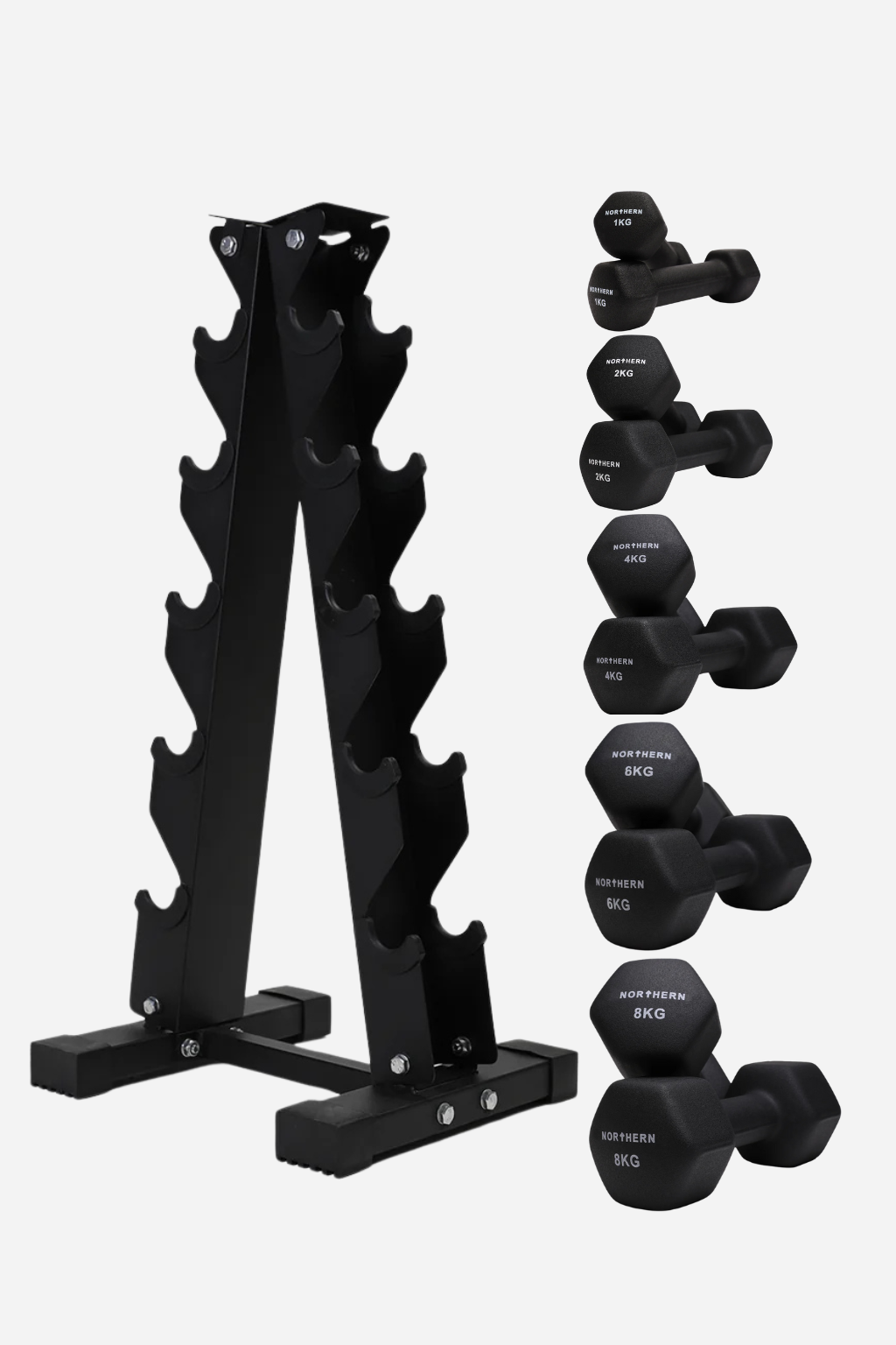 1-8kg Neoprene Dumbbell Set with 5-Tier A-Frame Storage Rack
