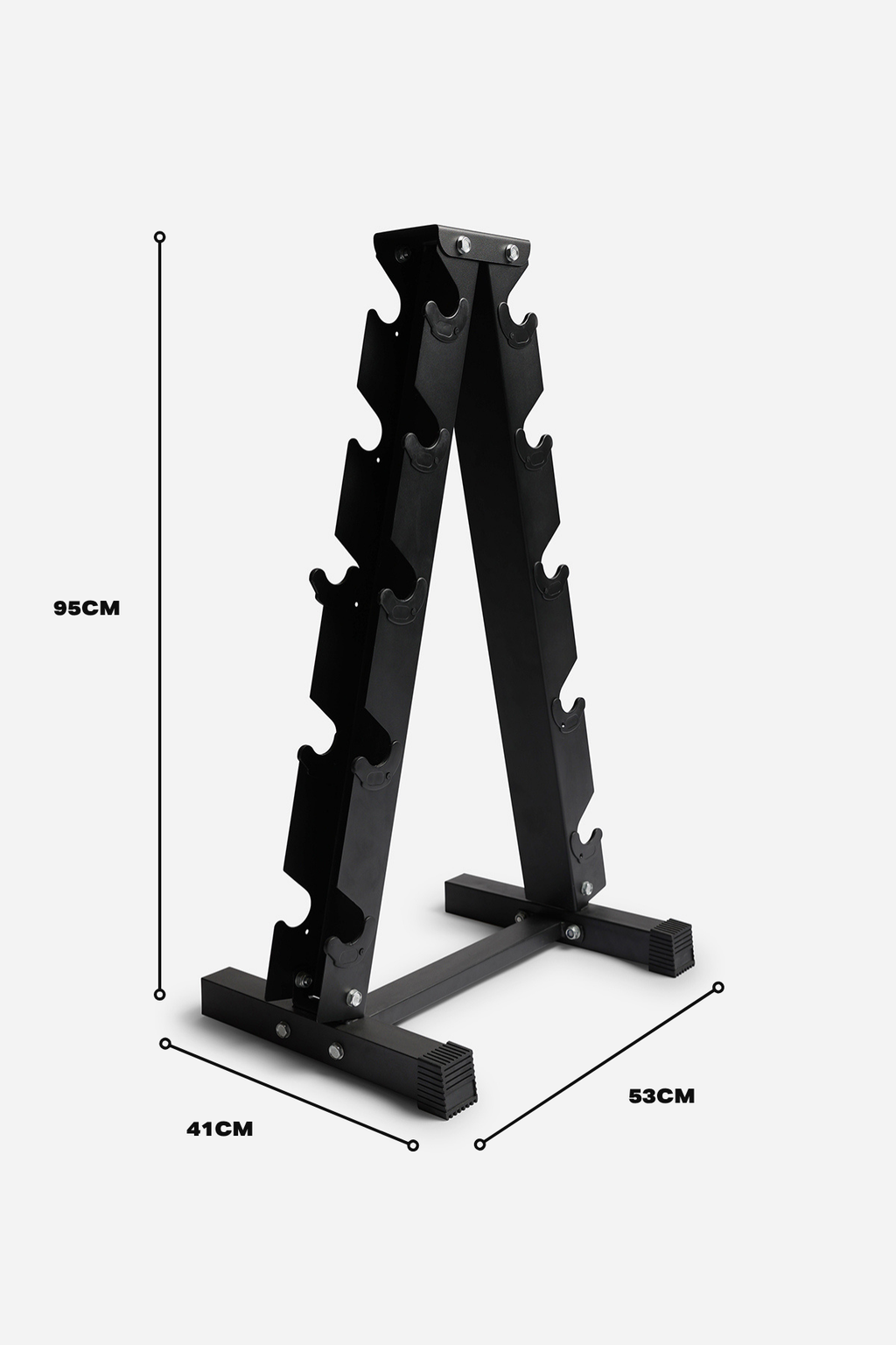 Black metal A-frame weight rack with dimension labels showing 95CM height, 41CM width, and 53CM depth on a light gray background.