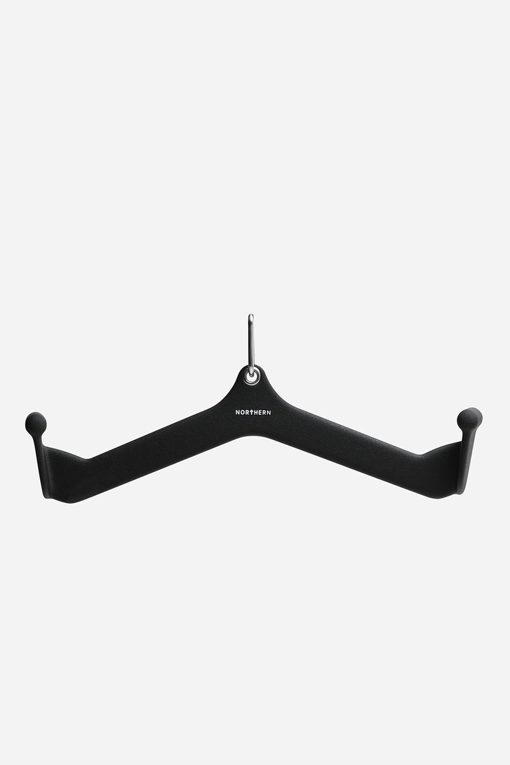 Front view of angled lat pulldown bar attachment with ergonomic grip ends for cable machine workouts