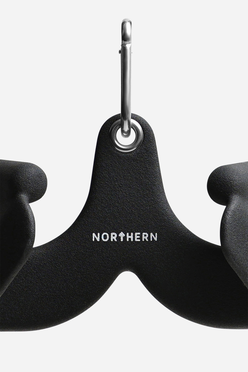 Close-up of narrow grip angled lat pulldown bar attachment with textured powder-coated finish, reinforced eyelet, and cable hook