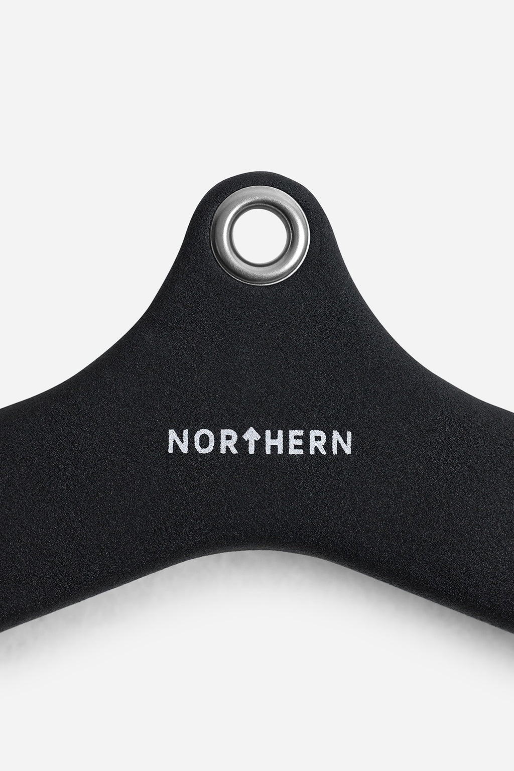 Detailed close-up of wide grip angled lat pulldown attachment with textured powder-coated finish and reinforced eyelet