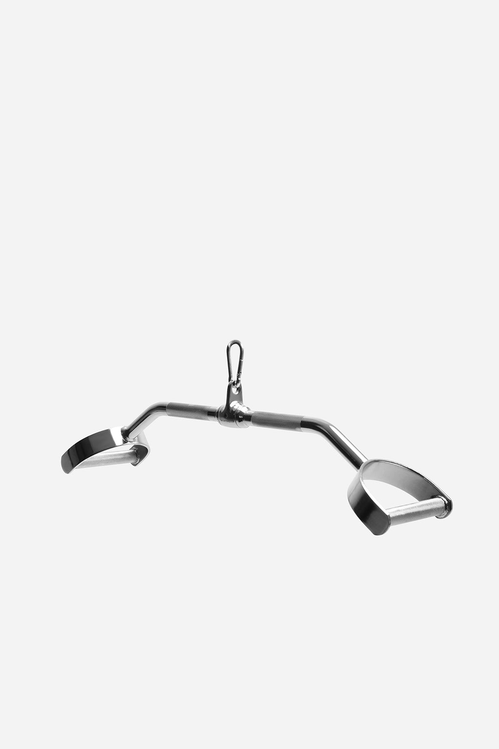 Angled view of lat pulldown bar with ergonomic scoop-style handles for versatile grip options
