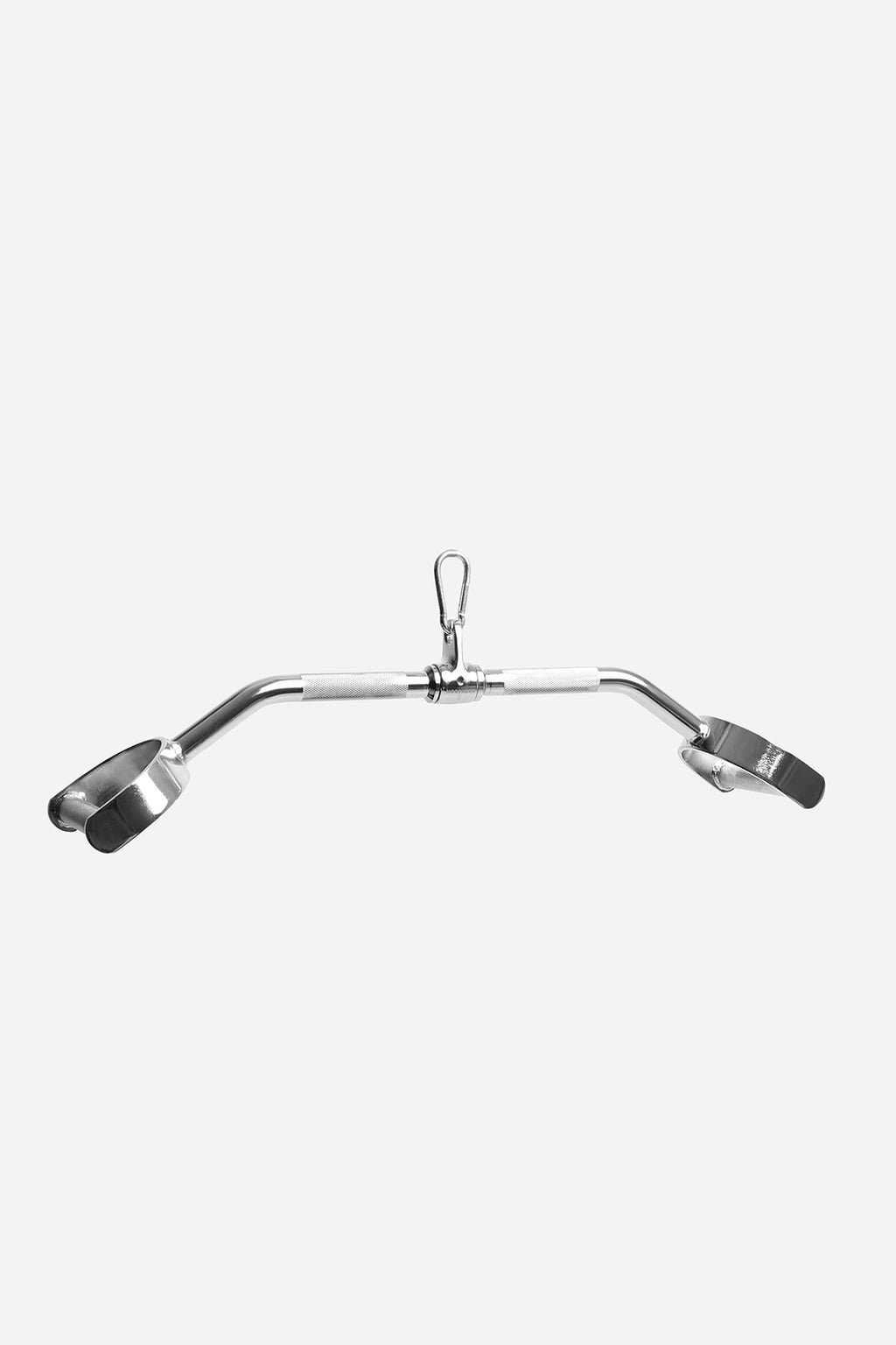 Side-angle view of lat pulldown bar showcasing curved ergonomic end handles and rotating centre grip
