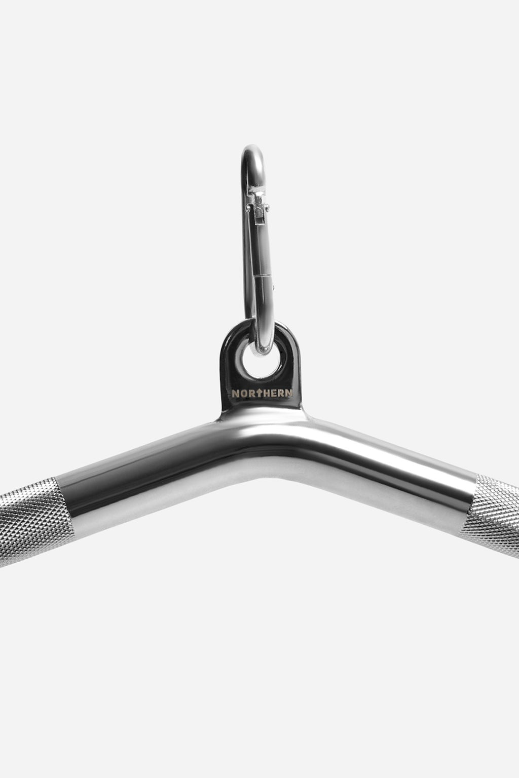 Detailed view of reinforced center eyelet and carabiner clip on lat pulldown bar attachment