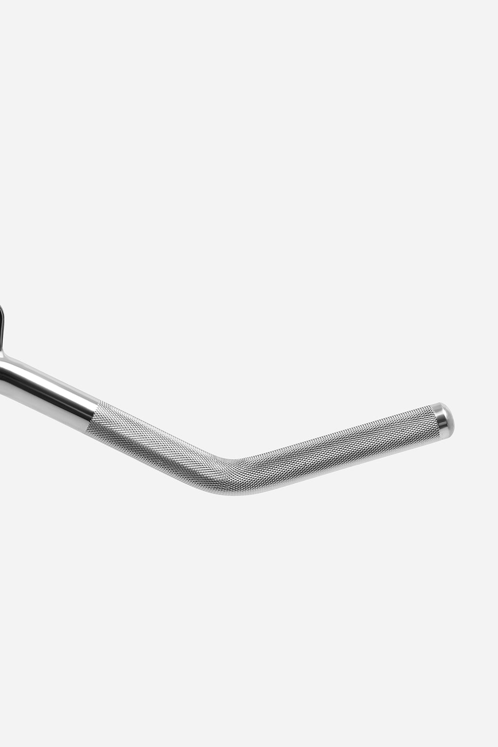 Side perspective of W-shaped lat pulldown bar highlighting ergonomic grip angles and chrome finish