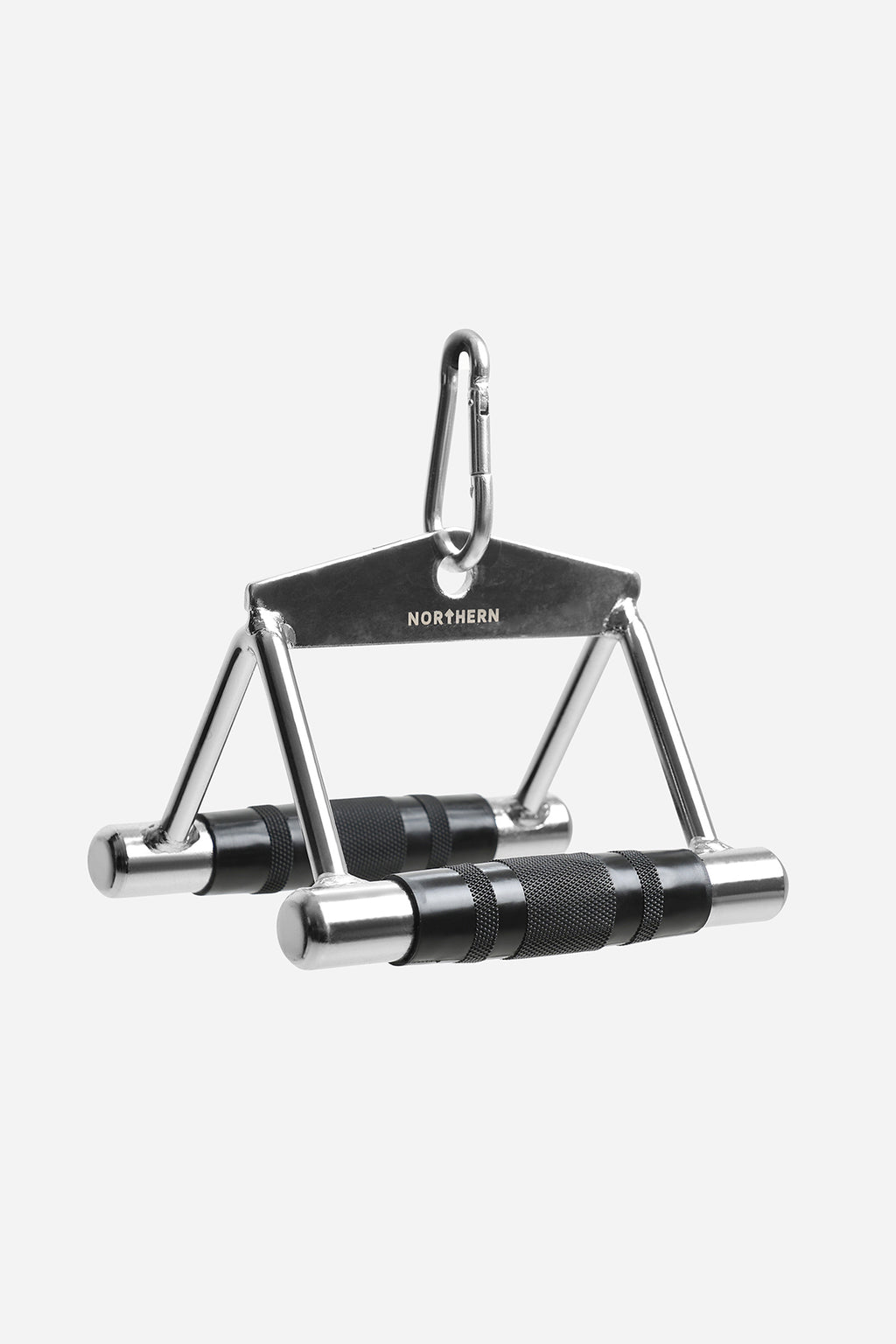 Angled view of close grip row handle attachment with cable hook and rubber knurled grip