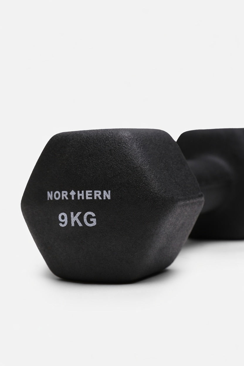 Close-up view of Northern 9KG Neoprene Hex Dumbbells