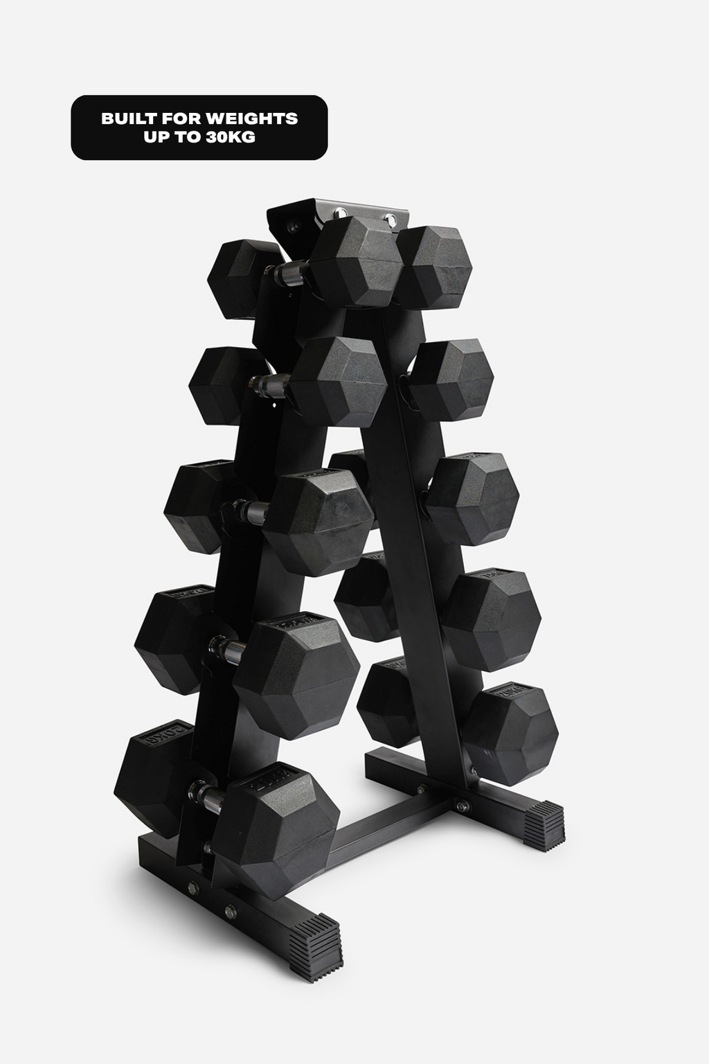 Black hex dumbbell rack with multiple adjustable hex dumbbells on a light gray background, featuring a black text badge at the top that reads 'BUILT FOR WEIGHTS UP TO 30KG'.