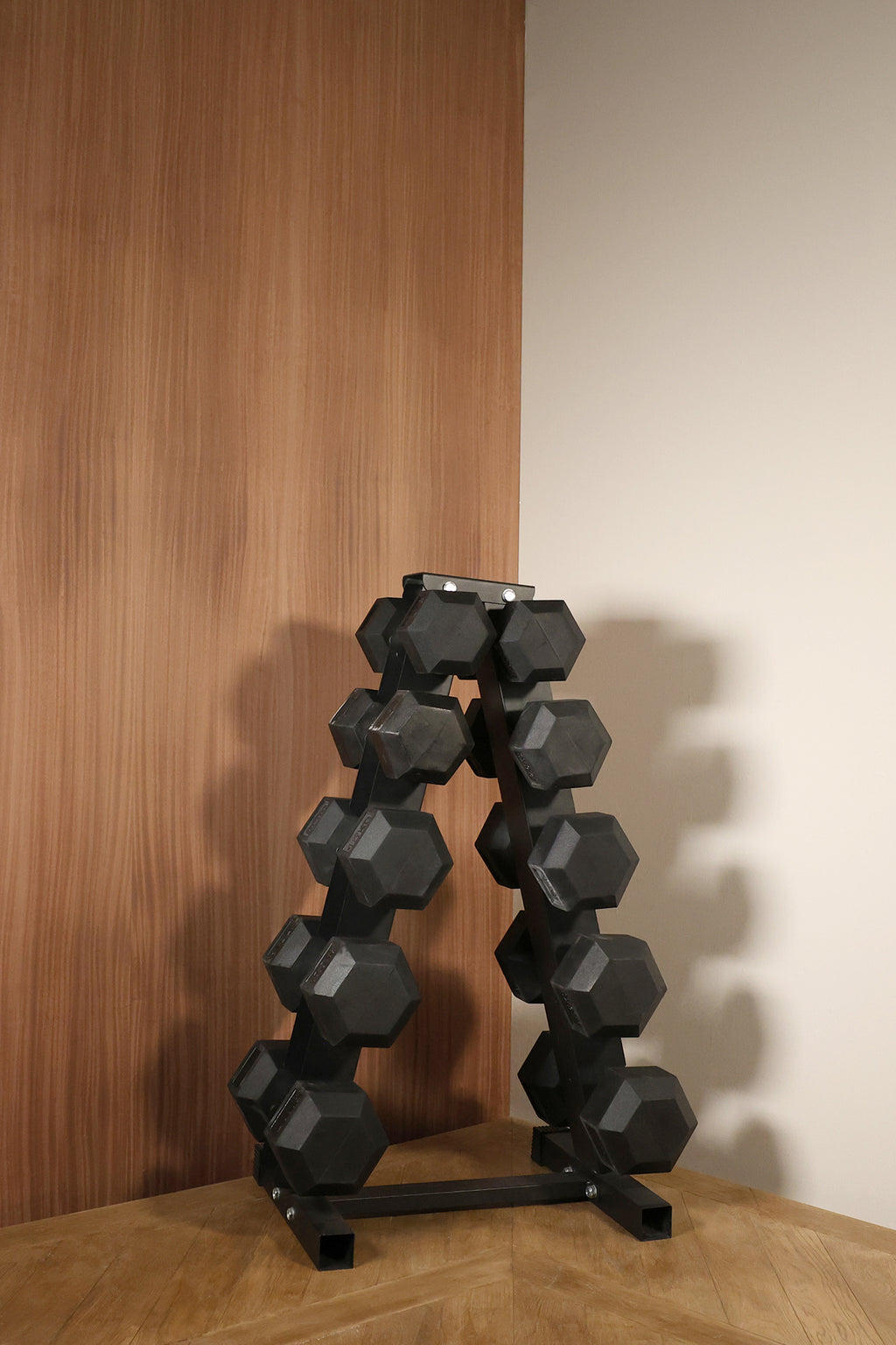 Lifestyle image of Northern Hex Dumbbell Set 10-20kg with Large 5-Tier A-Frame Rack