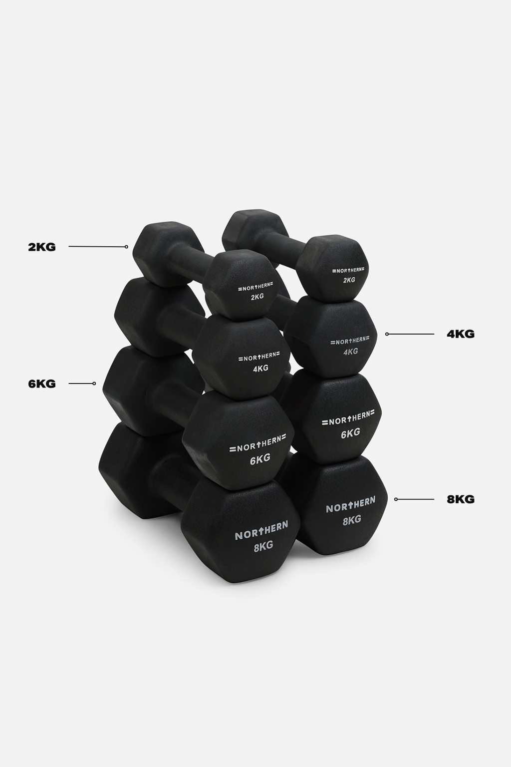 2kg to 8kg Progression Neoprene Hex Dumbbell Set