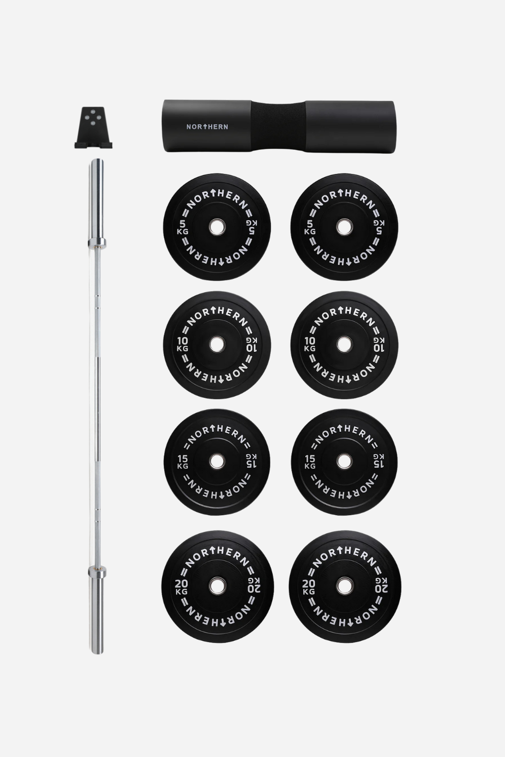 Northern 15kg Olympic Barbell, 100KG Bumper Plate Set, Barbell Pad & Single Barbell Hanger Package 