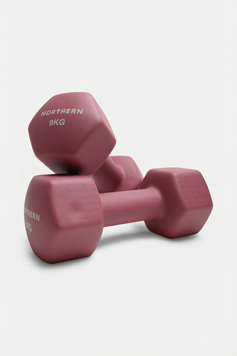 Northern Dusk Pink 9KG Neoprene Coated Hex Dumbbells