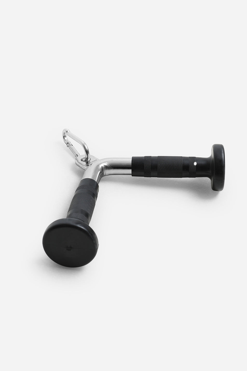 Angled view of tricep pushdown V-bar cable attachment with rubber grip handle
