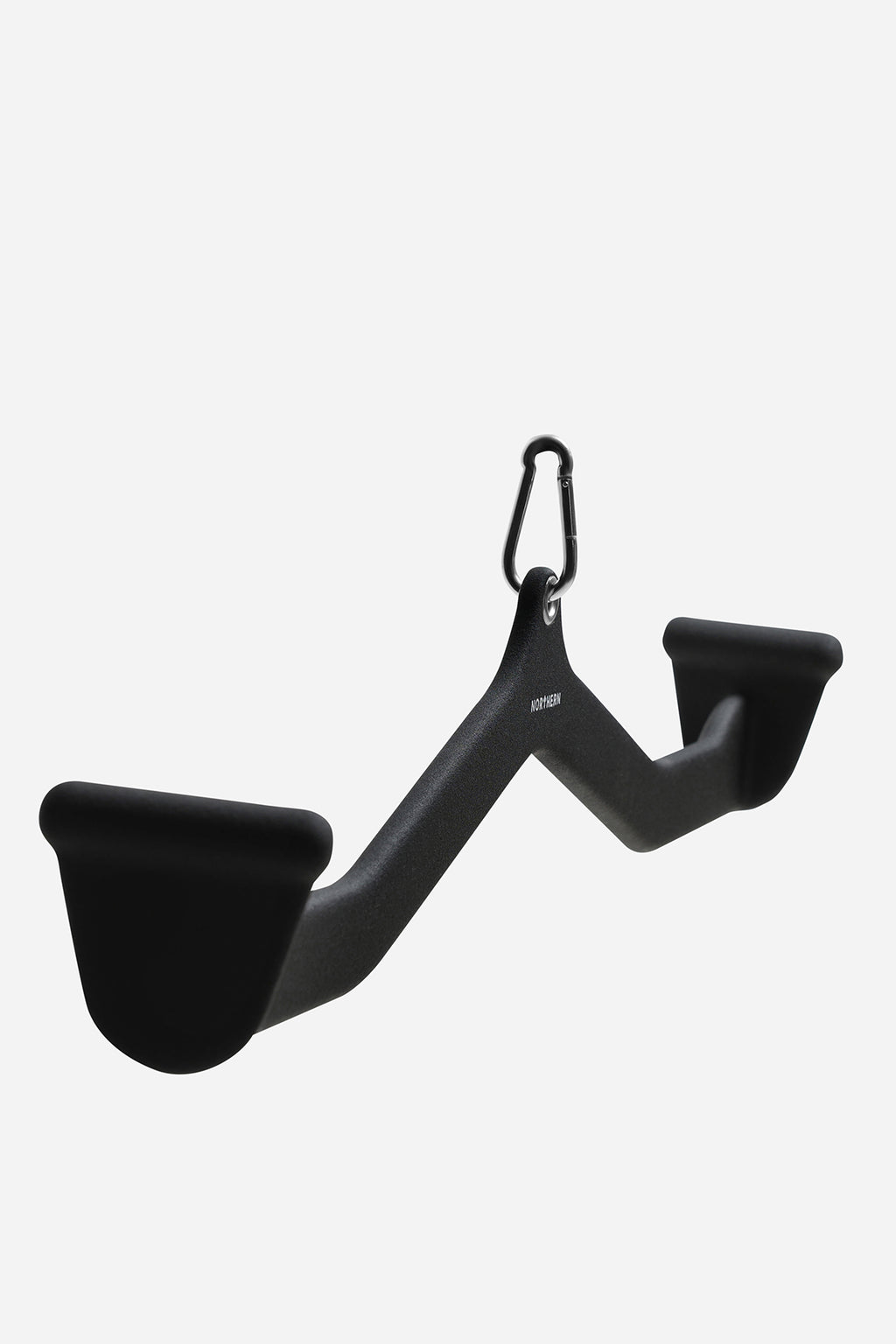 Angled perspective of wide grip lat pulldown attachment wiith snap hook caribiner